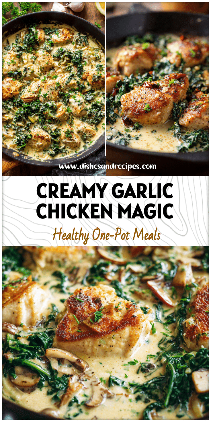 Skillet of creamy fried chicken with kale in a garlic-heavy butter cream sauce inspired by Cafe Delights Recipes Chicken.